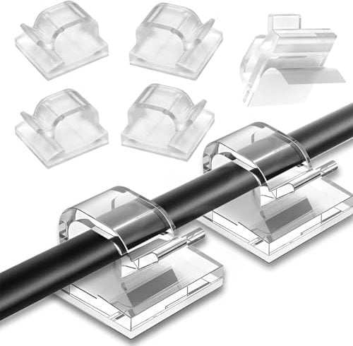 60 Pcs Clear Cable Clips, ENGFGH Self-Adhesive Wire Clips, Self-Adhesive Cable Hook, Cable Organizer Holder for Organiser Wall, Desk, Home and Office Cables,Christmas Hanging Decorations Fairy Light