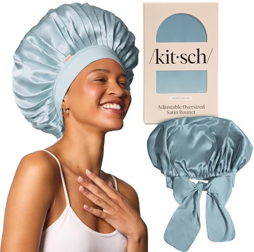 Kitsch XL Satin Bonnet for Sleeping - Softer Than Silk Hair Bonnet For Women - Secure Fit, Adjustable Night Cap For Curly & Textured Hair - Prevents Breakage, Tangles & Thinning- Haze Blue
