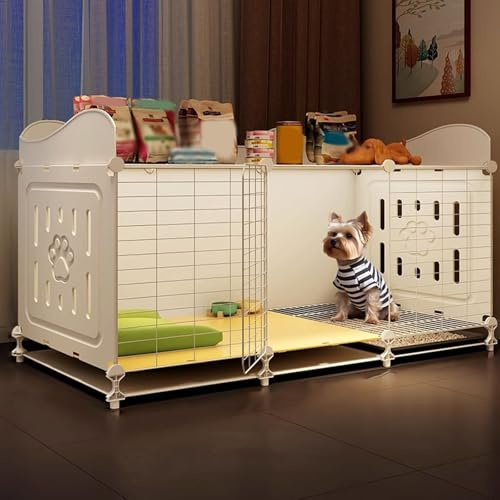 Jaula-Valla para Perros en Casa 70-105x45x61cm | con Puerta Bloqueable, Almacenamiento Superior + Zona Sanitaria | Instalación Sin Taladro, Estructura PP y Hierro(105 * 45 * 61CM)