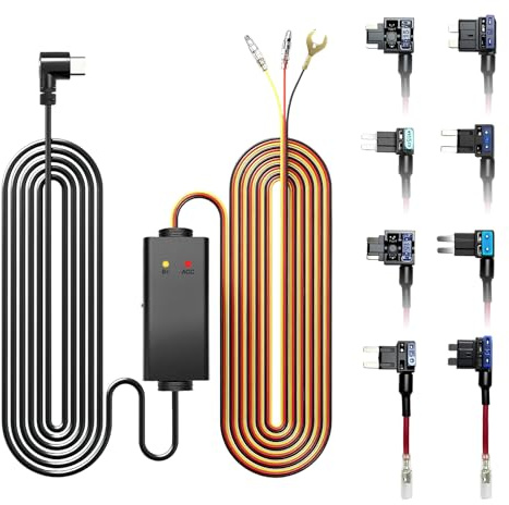 CIEVIE Hardwire Kit mit Doppelten 4 Sicherungen, USB C Dash-Kamera-Ladegerätkabel, 12V-24V auf 5V/3A, 24-Stunden-Parküberwachung, Unterspannungsschutz für meisten Type-C-Anschluss Dashcams, 3,5 Meter