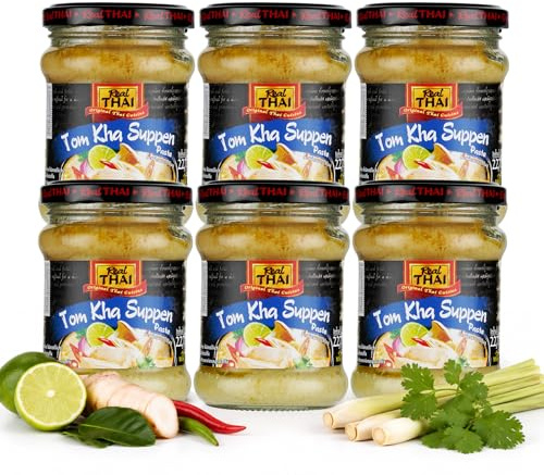 Real Thai Tom Kha Suppenpaste 227g Glas – 6er Pack - Authentische thailändische Hühnersuppe mit Kokosmilch, Pilzen und Hühnerfleisch, einzigartiger säuerlich-scharfer Geschmack, ohne Zusatzstoffe