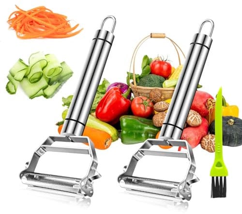 3 in 1 Stainless Steel Vegetable Peeler, 2 Pieces Micro-Serrated Veg Peeler + Julienne Slicer + Potato Eye Remover, Peelers with Cleaning Brush, Speed Peeling of Fruit & Vegetable