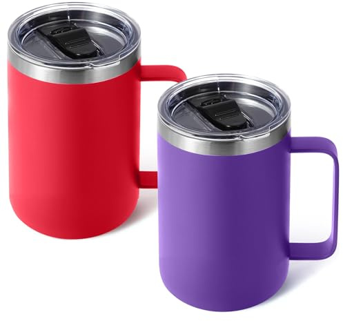 Volhoply 470ml (16oz) Insulated Coffee Mug with Lid and Straw, Stainless Steel Travel Mugs with Handle, Double Wall Vacuum Leak Proof Coffee Tumbler Cup (Mix,2)