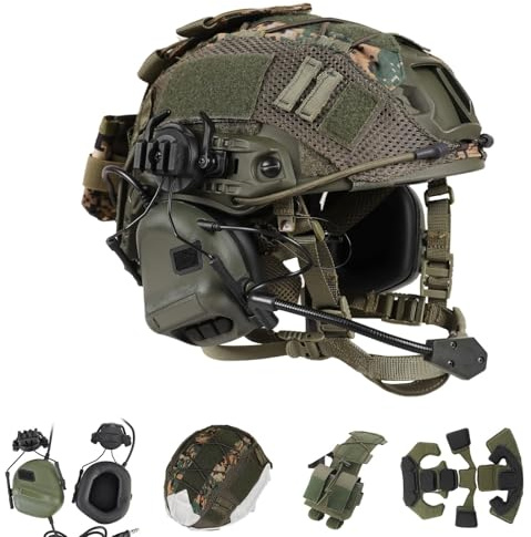 WLXW Taktischer Helm Mit Headset – 4-in-1, Verbessert, Verstellbar, Mit Helmabdeckung for CS Airsoft Cosplay, Militärausrüstung, Wargame