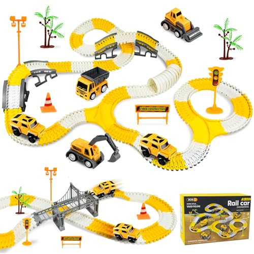 PATEMZON 305 Stück Rennstrecke Spielzeuge, Rennbahn Set Elektroauto Auto Spielzeug mit 6 Autos, Flexible Zugbahnen Autorennbahn Schienen, Flexible Rennbahn für Kinder 3+ Geschenk Jungen Mädchen