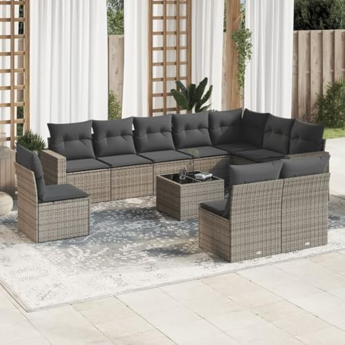 Hoopleep Ensemble de 11 meubles de jardin en polyrotin gris avec coussins, table en verre trempé, résistant aux UV, extensible