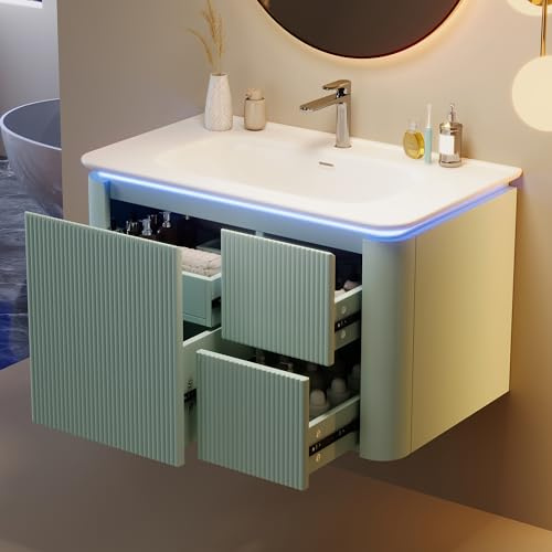 YuQozii 80,5 × 47,5 × 51 cm, armario de lavabo colgante de pared, completamente lacado, estructura vertical, lámpara LED con sensor de movimiento de radar, cajones silenciosos, lavabo de una pieza