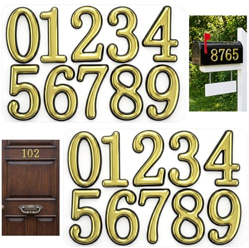Matwsec 20PCS Gold Mailbox Number for Outside 3D Self-Adhesive House Number | Reflective 2 Inch Address Number 0-9 Decals for Apartment Door, Trash Bins, Office, Hotel Room