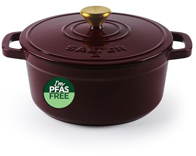 Salter Chester Cast Iron Casserole Dish, 2L, Red | Enamel Coated, PFAS-Free Surface, Oven Safe To 240°C, Induction/Gas/Electric/Ceramic Hobs, Even Heat Retention