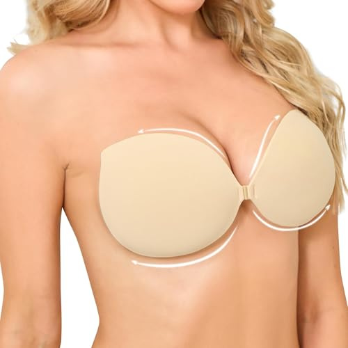 OMGREAT Stick on Bra - Sticky Bra Adhesive Push Up Bra for Women, Backless Strapless Reusable Invisible Bra for Backless Dresses, Wedding, Party, Enhance Cleavage Lift Beige C