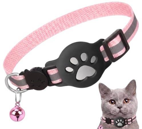 Collier GPS pour Chat avec Support AirTag Intégré, Réfléchissant et Extensible, Anti-Étranglement, Avec Boucle de Sécurité, Idéal pour Chats et Chatons, Léger et Confortable, Couleur Rose