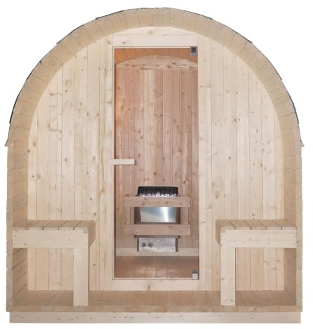 SANOTECHNIK Außensauna Island XL für 4 Personen Fichte Naturbelassen 220 x 189 x 200 cm mit 6 mm Sicherheitsglas-Tür und 3,8 cm Wandstärke