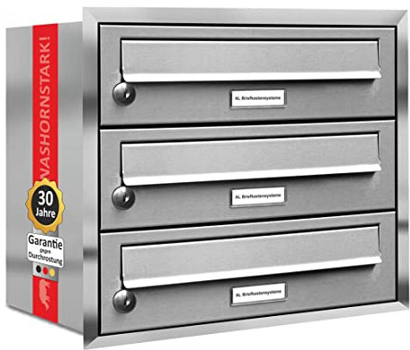 AL Briefkastensysteme, 3er Unterputzbriefkasten, Briefkasten rostfrei, 3 Fach Briefkastenanlage modern, Edelstahl Postkasten