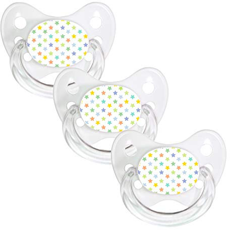 dentistar Silikon Schnuller 3er-Set - Größe 3, ab 14 Monate - Zahn- & kieferfreundlicher Nuckel mit Dental-Stufe – BPA-frei – Made in Germany - Bunte Sterne, Weiß