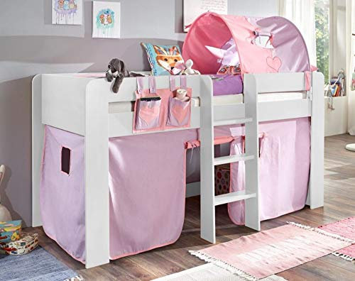 Froschkönig24 Hochbett ANDI 2 Kinderbett Spielbett halbhohes Bett Weiß Stoffset Lila/Rosa