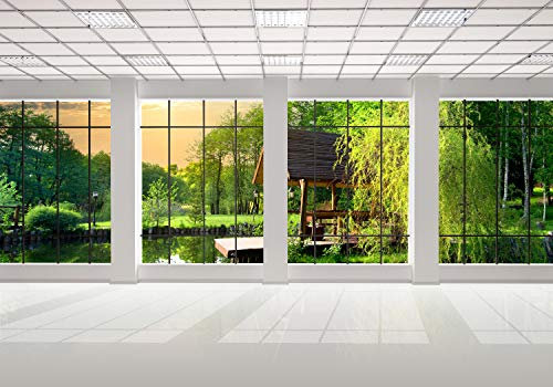wandmotiv24 Fototapete Fenster Fensterblick 3D, XL 350 x 245 cm - 7 Teile, Wanddeko, Wandbild, Wandtapete, Garten, Bäume, Grün M0703
