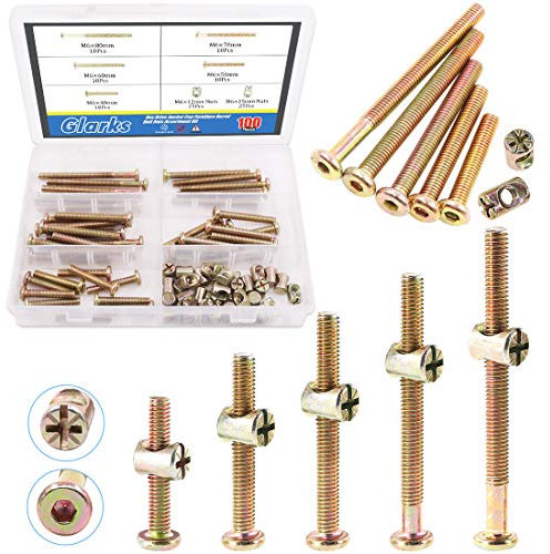 Glarks Viti a testa esagonale M6 x 40/50/60/70/80 mm Bulloni per culla, con kit di assortimento di dadi a barilotto