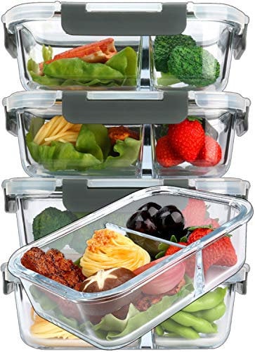 M MCIRCO Glasbehälter für Mahlzeiten, 2 Fächer, Portionskontrolle mit verbessertem Schnappverschluss, für Lebensmittel, Mikrowelle, Backofen, Gefrierschrank und Spülmaschine (4,5 Tassen)