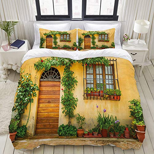 LASINSU Bedding Bettwäsche,Italien Portal mit verschiedenen Blumen Topf neuen Grünpflanzen Stadt Leben in Toskana,Bettwäsche 135x200cm mit Kopfkissenbezug 2(50x80cm)