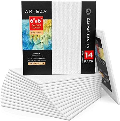 Arteza Leinwand quadratisch 14er-Pack, 15.2 x 15.2 cm weißer Malkarton, 100% Baumwolle, grundierte Malpappe 350 g/m², für Acryl, Ölfarben und Nass-Art Medien, Leinwände für Künstler & Hobbymaler