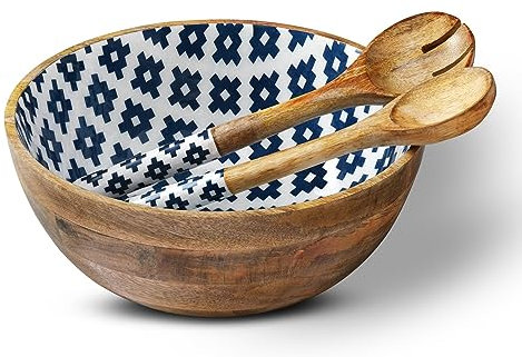 Folkulture Salatschüssel oder Holzschalen mit Servierzange, groß für Obst, Müsli oder Nudeln, großes Rührschüssel-Set, 30,5 cm Durchmesser x 12,7 cm Höhe, Mangoholz, Blau