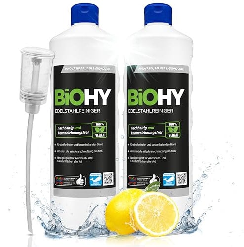 BiOHY Detergente per acciaio inossidabile (2 bottiglie da 1l) + Distributore | Cura dell’acciaio inossidabile per una nuova lucentezza senza striature (Edelstahlreiniger)