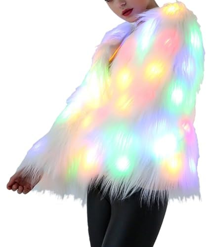 Amosfun Leuchtende Jacke für Damen, Kunstfell, LED-Licht, flauschig, pelzig, leuchtende Mäntel, Urlaubskostüm-Requisiten für Rave-Weihnachten (S, Whiout-Batterie), weiß