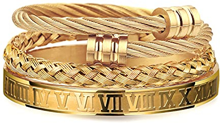 WFYOU 3PCS Stainless Steel Bracelets for Men Gold Roman Numeral Bangle Twisted Cable Adjustable Cuff Bracelet Mens Luxury Jewelry Gifts