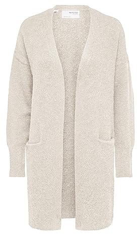 Damen Selected Lange Strickjacke mit Taschen | Open Stretch Casual Cardigan | Knitted Coat SLFLULU, Farben:Beige-2, Größe:XL