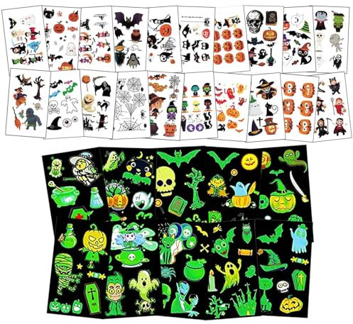 30 feuilles d'Halloween tatouage tatouage temporaire autocollants enfants brillent dans le noir citrouille chauves-souris sorcière squelette fantôme autocollants pour Halloween Carnaval Party
