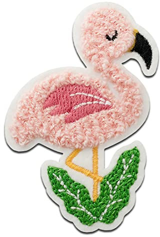Mono Quick Flamingo flauschig Chenille Tier - Aufnäher, Bügelbild, Aufbügler, Applikationen, Patches, Flicken, zum aufbügeln, Größe: 6,9 x 5 cm