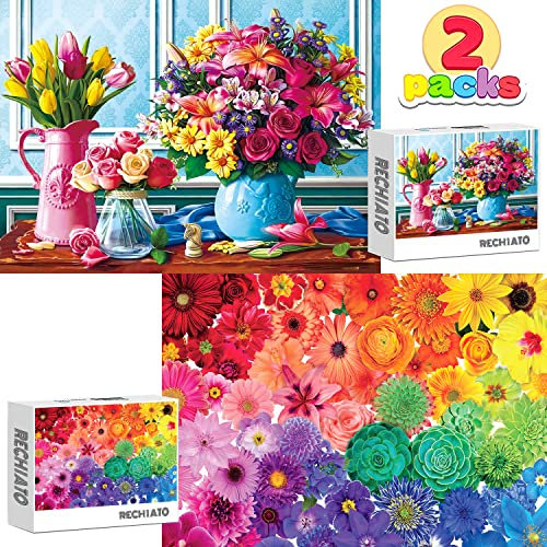 Lot de 2 puzzles pour adultes, 1 000 pièces, 1 000 pièces pour adultes, 2 puzzles à fleurs et fleurs colorées, pour maman, femme et homme