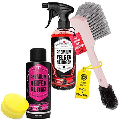 URBAN FOREST SPARSET Felgenreiniger + hochwertige Felgen Bürste + Reifenglanz + Schwamm | 4 Teile Premium Autopflege für Felgen-Reinigung + Reifenglanzmittel für Reifenpflege