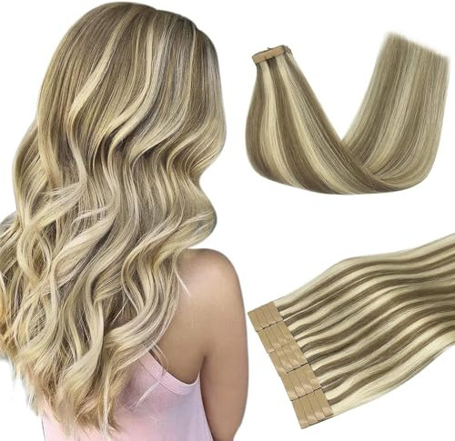 Doores Haarverlängerung, zum Ankleben, Hellbraun, Highlighted Mittelblond, 50,8 cm, 50 g, 20 Stück, RSkin Weft Seamless Tape in Haarverlängerungen