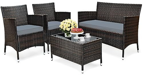KOMFOTTEU 4 teiliges Gartenmöbel Set, Rattantisch mit Hartglasplatte, 2 Sessel & Sofa für 2 Sitzer mit Sitzkissen, Sitzgruppe für 4 Personen, Terrassenmöbel für Balkon, Garten