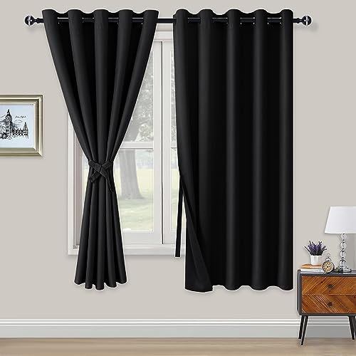 XWZO Blickdichte Vorhänge Verdunklungsvorhänge mit Ösen 2 Stücke Gardienen mit Raffhalter Lichtundurchlässige Vorhänge für Schlafzimmer,WonhzimmerBüro, 183x168 cm, Schwarz