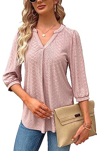 Damen Bluse Elegant V-Ausschnitt 3/4 Ärmel T-Shirts Oberteile Lässige Tunika Kurzarm Shirt Blusen Casual Solide Tops Longshirt für Sommer Hemdbluse Rosa XL