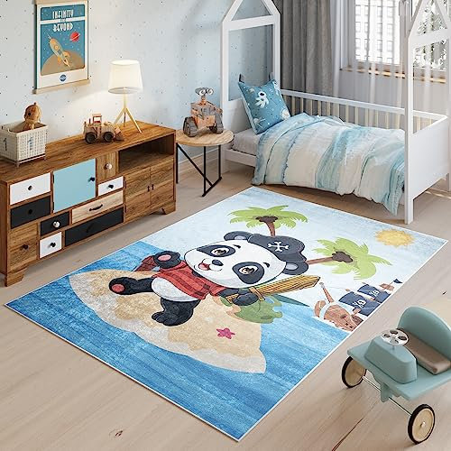 TAPISO Emma Teppich Waschbar bei 30 Grad Bunt Panda Pirat Insel Meer bedruckter Kinderteppich Antirutsch Kinderzimmer Jugendzimmer Modern ÖKO-TEX 80 x 150 cm