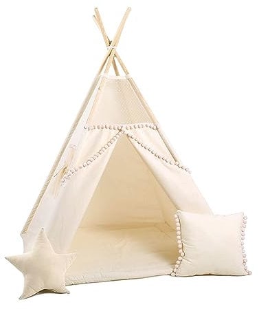 Rainbow Kids Tipi Zelt für Kinder | Baumwollsegeltuch Tippi Kinderzelt, Mehrere Muster und Farben mit und ohne Spielzubehör für Outdoor- und Indoor-Kinderspaß (mit Zubehör (klein), Beiger Punkt)