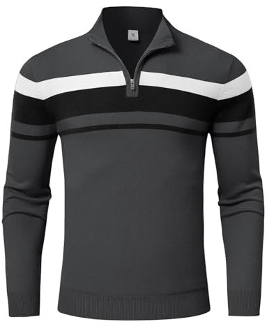 Rdruko Mens Long Sleeve Quarter Zip Jumper Knit Turtleneck Pullover Sweater Autumn Winter Warm Causal Tops Dark Grey L