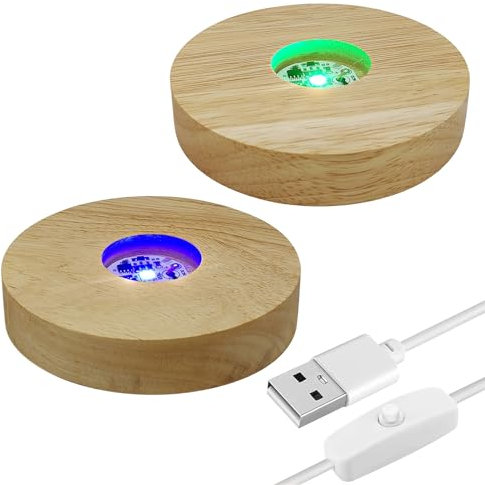 Base Redonda de Madera Clara LED, Paquete de 2 Bases de Soporte de Luz Redonda de Madera de 10 cm, Base de Pantalla de Luces LED de Madera para Arte de Resina de Cristal 3D