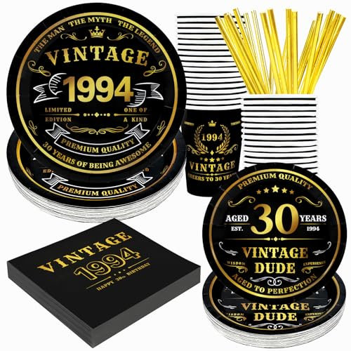 30th Birthday Decorations for Men, Vintage 1995 Disposable Paper Plates and Napkins Set with 9oz Cups, Straws Party Supplies for Him 120Pcs Serves 24 Guests