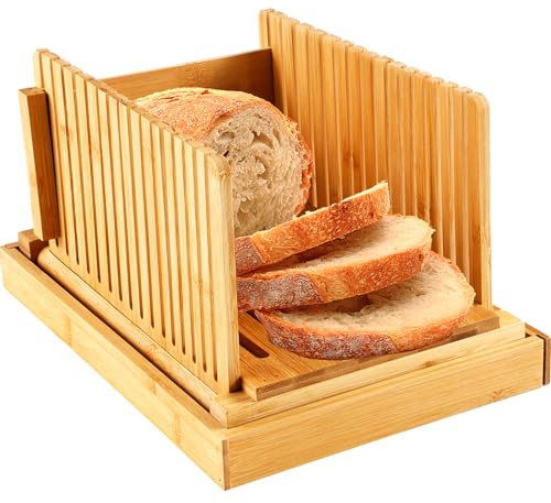 Bamboo Foldable Bread Slicer, Compact Thickness Adjustable Bread Slicing Guide with Crumb Tray Portable Reusable Loaf Slicer Cutter Food Grade for Homemade Bread, Loaf, Toast, Bagel(Horizont)