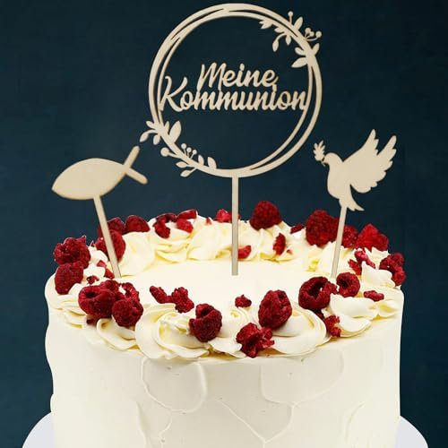 WANYI Tortendeko Kommunion 3 Stück Cake Topper Meine Kommunion Holz Tortenaufleger Kommunion mit Taube Fisch Erstkommunion Kuchen Deko Tortendeko Party für Junge Mädchen