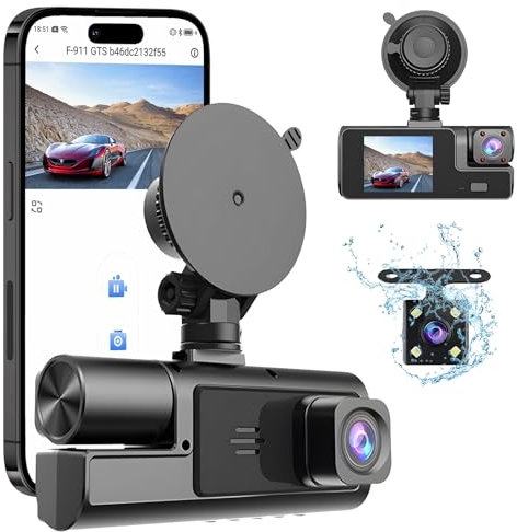 MOMOTOU Caméra embarquée de Voiture 1080p 3 canaux Avant, arrière et intérieur avec WiFi DVR Surveillance de stationnement, détection de Mouvement, capteur G, Enregistrement en Boucle, Super Vision