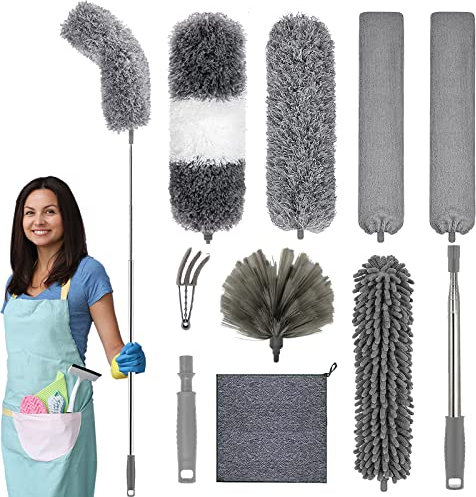 10PCS Feather Duster for Cleaning, Washable Microfiber Dusters Set with 100 Inch Telescopic Pole, Bendable Extendable Ceiling Dusters for Cleaning Ceiling Fan Cobweb Blind Cars Furniture