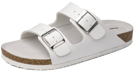 Mesing Sandalias Mules Mujer Hombre Verano Plana Hebilla Punta Abierta Sandalias de Pala Cómodo Piel de Ante Pantuflas de Corcho XZ490-White-EU42