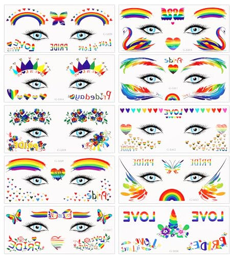 10 Sheets Pride Tattoos Stickers, 6.3x2.56 Inch LGBT Rainbow Temporary Gay Tattoos Rainbow Face Tattoo Pride Eyes Lesbian Tattoos for Pride Festivals Party Accessories Decoration