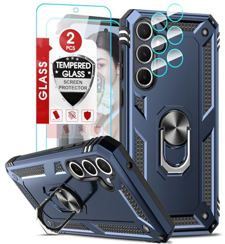 LeYi for Samsung Galaxy A55 5G Case and 2 Tempered Glass Screen Protector and 2 Camera Lens Protector, Ring Holder Military Protective Silicone Shockproof Tough Armor Phone Cover, Blue