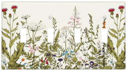 Country Vintage Wildblumen Boho Floral 4-Gang Vierfach-Kippschalter Platte und Steckdosenabdeckungen, bunte Wildblumen-Bordüre, Botanik, Quad-Gerät, dekorative elektrische Steckdose, Wandplatte